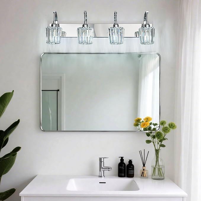 Modern Bathroom Vanity Light, 4-Light Chrome Wall Sconce with Crystal Accents, Over Mirror Bathroom Lighting Fixture, 32.67" Long Dimmable Vanity Lamp for Makeup, Easy Installation