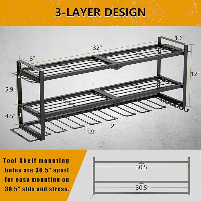 Power Tool Organizer - 3 Layer 8 Drill Holder Wall Mount, Storage Rack for Garage Organization, Large Tool Shelf, Gifts for Him Men Dad Husband Anniversary Fathers Day, Cool Gadget Stocking Stuffer