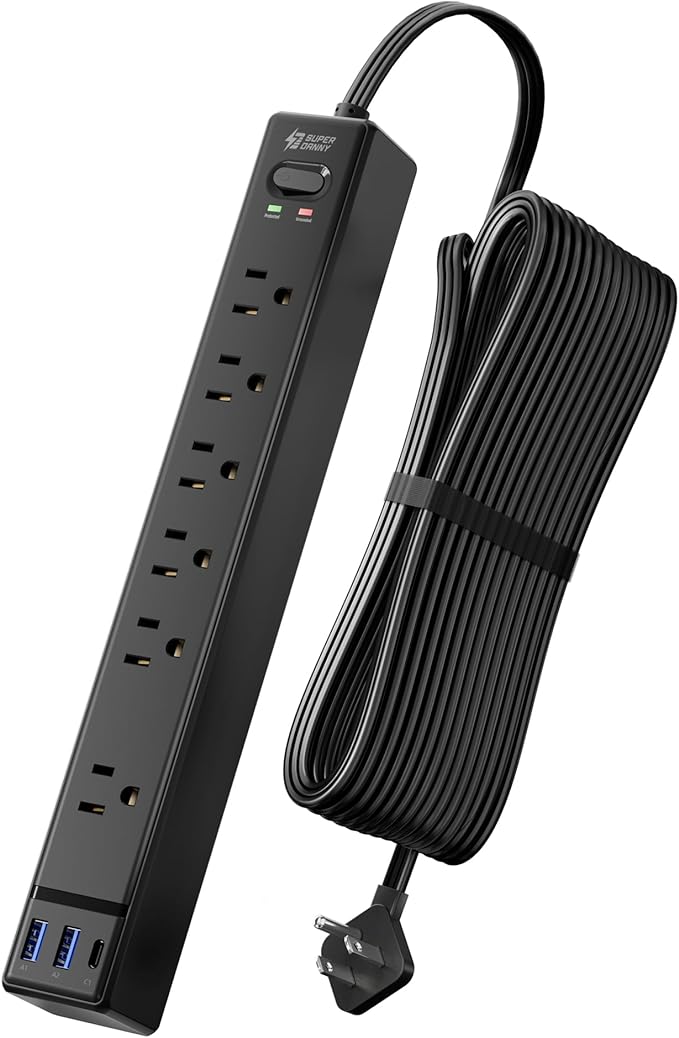 15Ft Long Extension Cord, SUPERDANNY Flat Plug Surge Protector Power Strip, 6 Outlets & 3 USB Ports, Desk Charging Station for Home Office, College Dorm Room Essentials