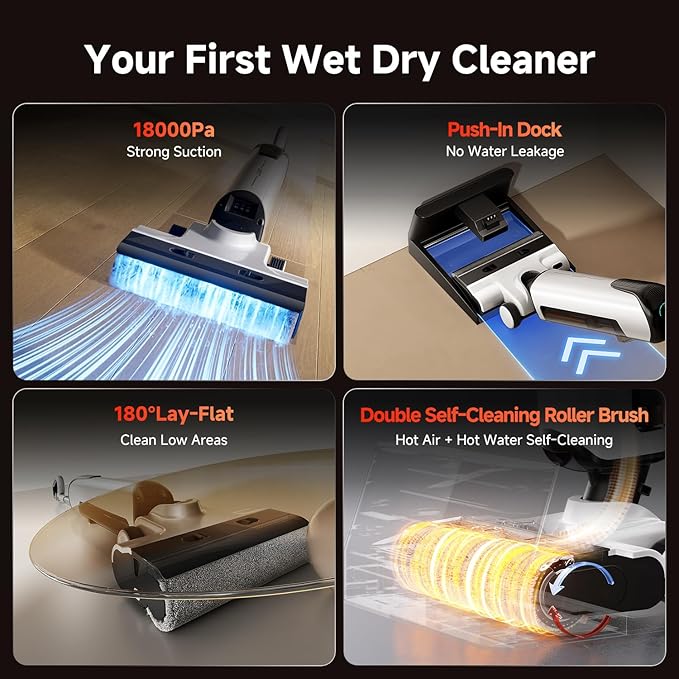 uwant D100 Wet Dry Vacuum Cleaner 180°Lay-Flat Vacuum Mop All in One with 18000Pa Suction Auto Self-Cleaning Anti Odor Stick Pushin Mop Dual-Edge Cleaning Electeic Mop Set for Hard Floor/Carpet,Milky