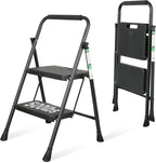 2 Step Ladder, Portable Steel Folding Step Stool with Wide Anti-Slip Pedal & Convenient Handgrip, 500lbs Sturdy Steel Ladder, Black