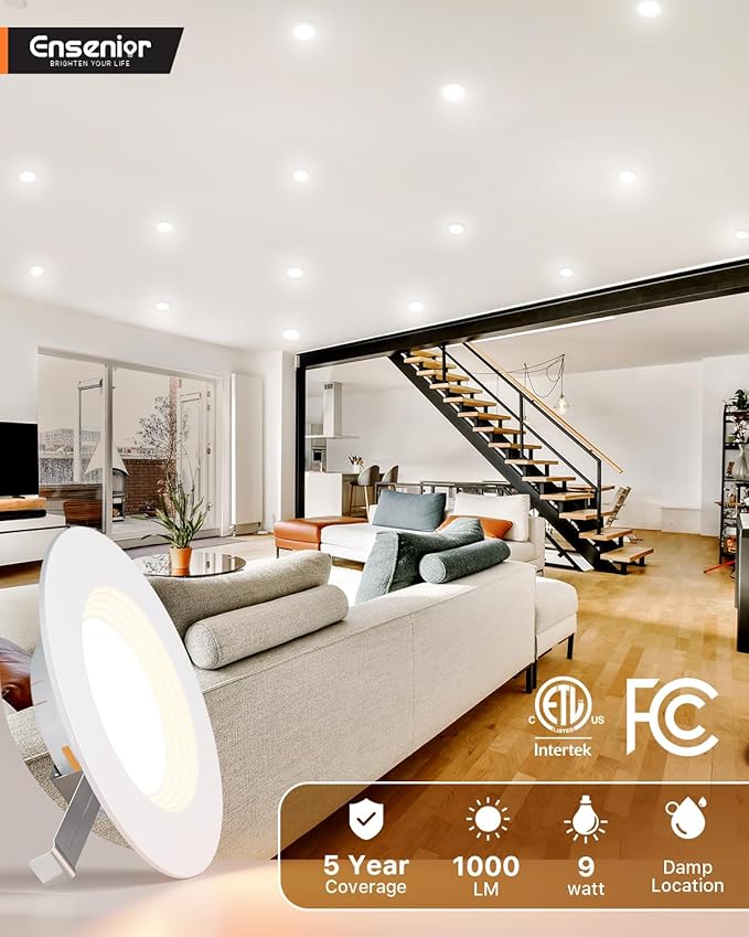 Ensenior 5/6 Inch 5CCT LED Can Lights 24 Pack, Retrofit Led Recessed Lighting, Baffle Trim, Dimmable, 9W=110W, 1000LM, 2700K/3000K/3500K/4000K/5000K Selectable, IC Rated - ETL & FCC