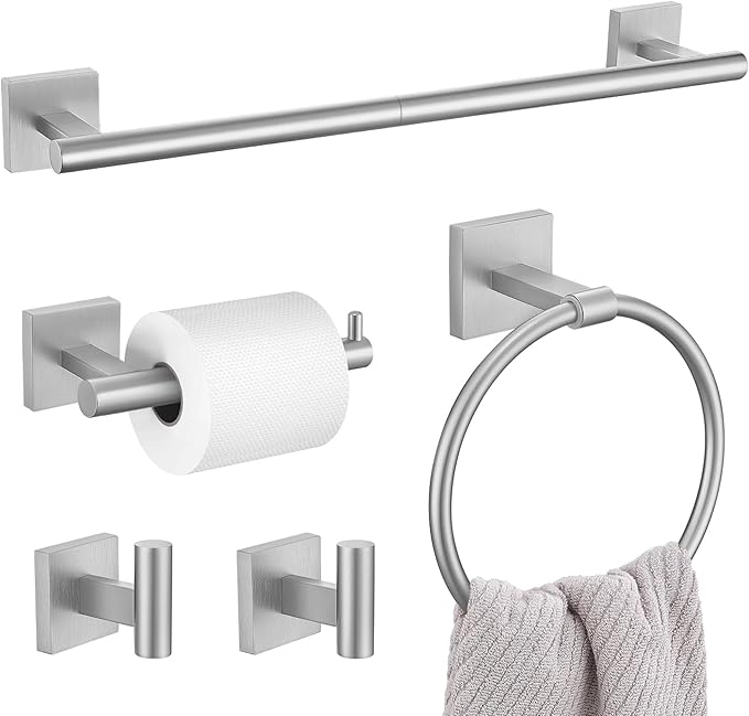 5 Pieces Bathroom Hardware Set, Brushed Nickel Towel Bar Set Includes 23.6” Towel Bar, Towel Ring Holder, Toilet Paper Holder and Two Towel Hooks, Bathroom Accessories Set SUS304 Wall Mounted