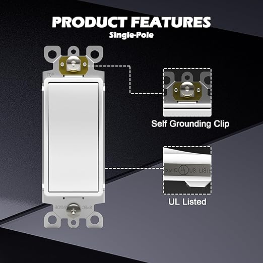 ThunderWay Single Pole Light Switch, Decorative Paddle Rocker Switch, Grounding Screw, UL Listed, Paddle Light Switch, 15A 120/277V, 50 Pack