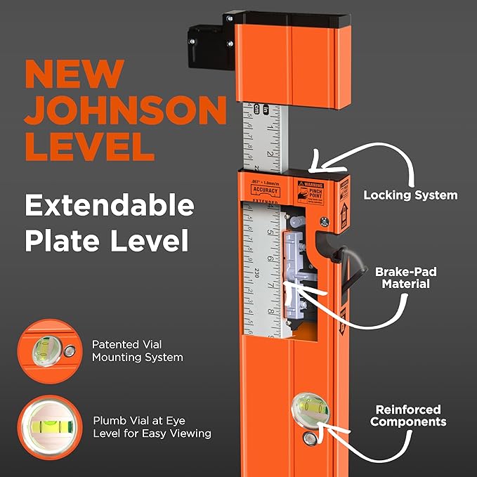 Johnson Level & Tool 5800-0610P 6FT - 10FT Extendable Plate Level, Triple-Secured Mounting System