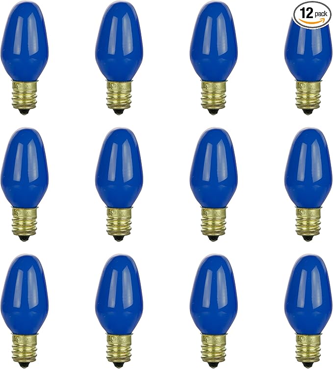 Sunlite 01053 7C7 Incandescent Bulb, 7 Watt, Candelabra E12 Base, C7 Small Night Light, Colored Bulb, Blue, 12 Count
