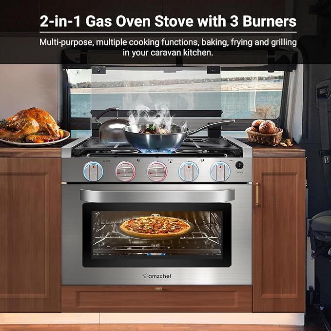 AMZCHEF RV Gas Range 17 Inches Tall, 1.24 Cu.Ft Propane Range Oven with 3 Burners Stove for RV, Apartment, Mobile Home, Stainless Steel.