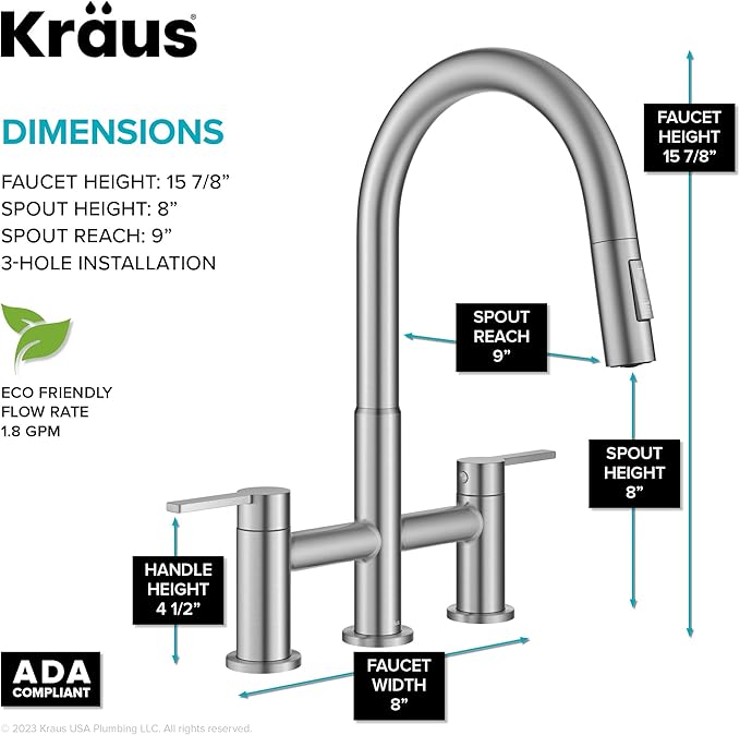 KRAUS Oletto Bridge Kitchen Faucet with Pull-Down Sprayhead in Spot-Free Stainless Steel, KPF-3122SFS