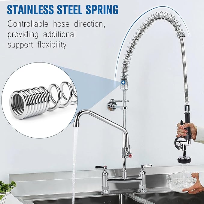 27" Height Commercial Sink Faucet Deck Mount with Pre-Rinse Sprayer, Commercial Kitchen Faucet with 10" Add-on Swing Spout Faucet & Spring Pull Down Sprayer, 8" Adjustable Center Kitchen Faucet