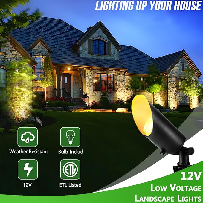wowlite Landscape Spotlights 4 Pack, ETL Listed Low Voltage Spot Lights Outdoor with 5W MR16 Bulbs, 2700K Warm White Waterproof Up Lights with Ground Stake for House Trees Patio