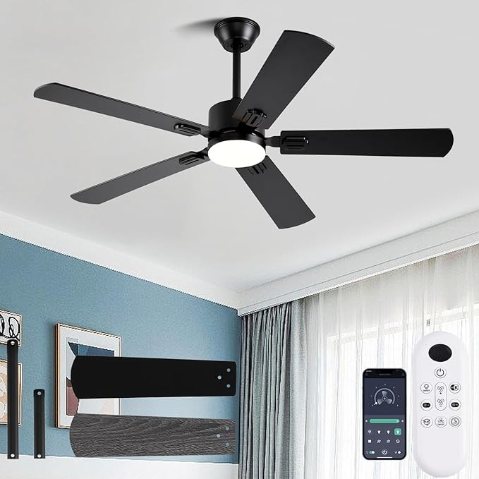 56 inch Black Ceiling Fans with Lights and Remote/App Control, DC Reversible Motor, Noiseless, Dimmable, 6 Speeds Low Profile Modern Ceiling Fan for Livingroom, Indoor/Outdoor Use