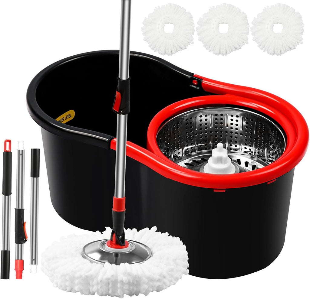 Spin Mop and Bucket with Wringer Set,360° Mop and Bucket System with 3 Microfiber Mop Refills and 50" Extended Handle for Floor Cleaning (Black)