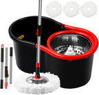 Spin Mop and Bucket with Wringer Set,360° Mop and Bucket System with 3 Microfiber Mop Refills and 50" Extended Handle for Floor Cleaning (Black)