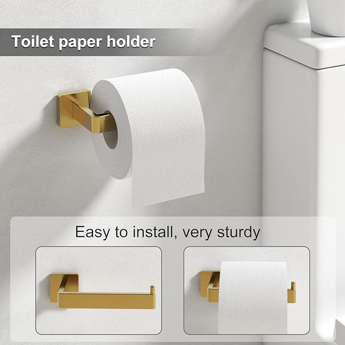 Toilet Paper Holder Collision Avoidance Towel Racks for Bathroom Thickened Material 304 Stainless Steel Towel Rack 10-Piece Towel Bar Brushed Gold Bathroom Hardware Set Will Not Rust