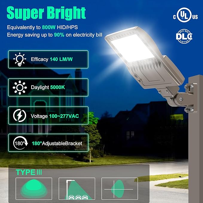 BBESTLED 200 Watts Outdoor LED Lights for Parking Lot Commercial, LED Parking lot Lights Adjustable Wattage Arm Mount Industrial UL DLC Listed 30000LM IP65 5000K 100-277VAC, LED Shoebox Pole Light