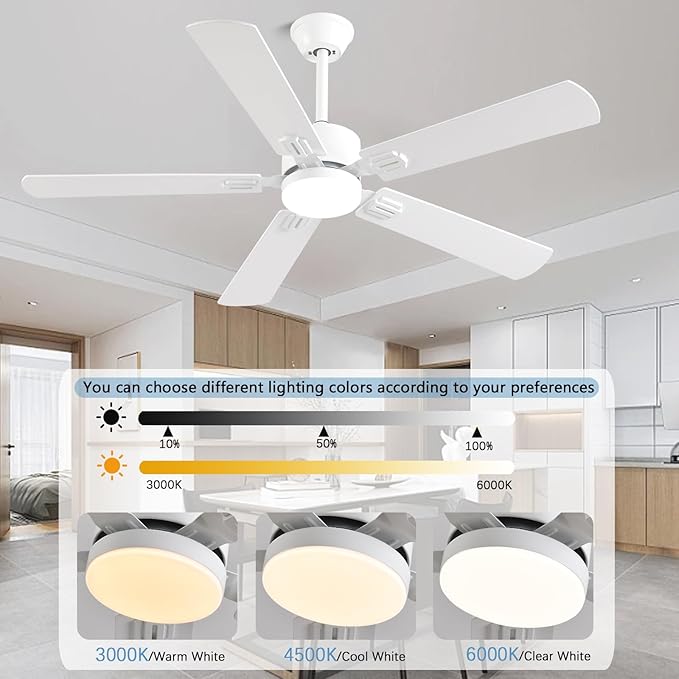 52 inch Modern White Ceiling Fans with Lights APP/Remote Control, Low Profile Reversible 6 Speeds Ceiling Fan Light for Indoor/Outdoor Patio Bedroom Living Room