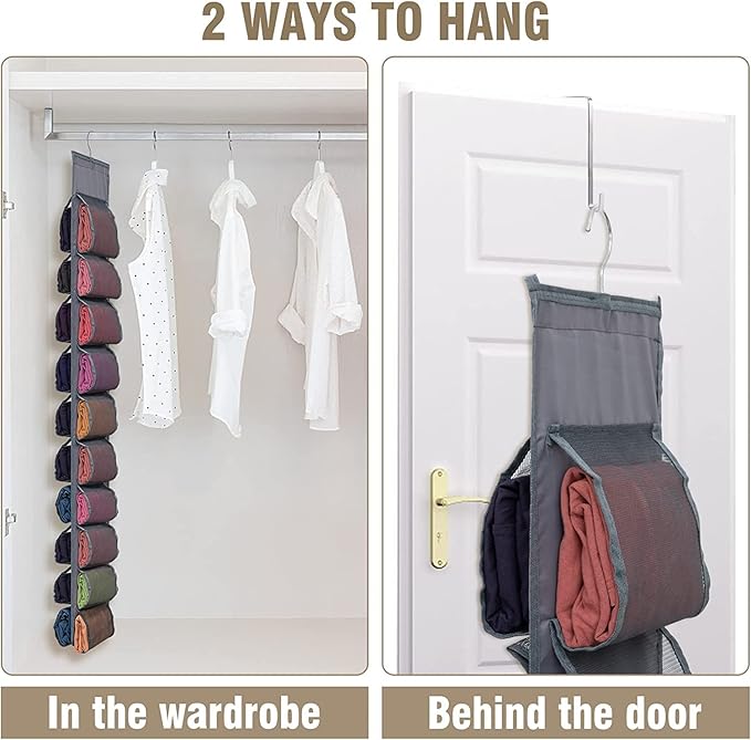 Legging Storage Organizer for Closet, Hanging Closet Organizer System, Grey Clothes Closets Holder with 20 Roll Independent Compartments for Yoga Leggings T-Shirts Bras Socks Pants Tank Top Towel