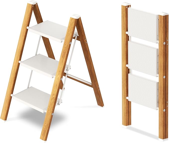 Taranta 3 Step Ladder,Aluminum Lightweight Folding 3 Step Stool with Anti-Slip Wide Pedal,330lbs Capacity Step Ladder for Household,Kitchen,Office - White Woodgrain