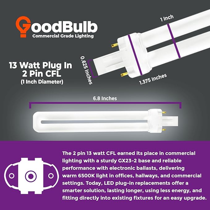 GoodBulb 13 Watt CFL Light Bulbs 2 Pin GX23 Base 6500K Full Spectrum 13W High Output 800 Lumens Single Tube Compact Fluorescent Light Bulbs Plug-in 10 Pack