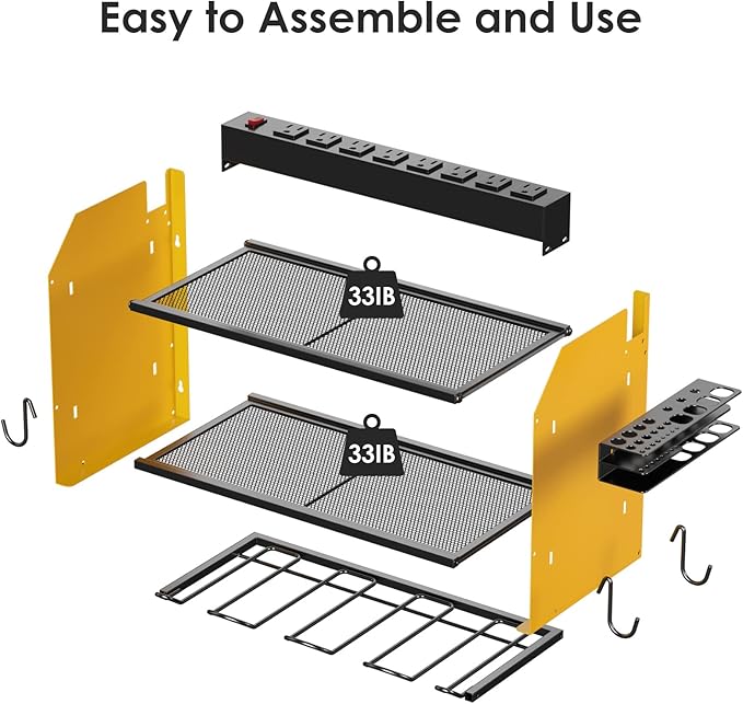 CCCEI Set Power Tool Organizer Wall Mount with Charging Station. Garage 4 Drill Storage Shelf with Hooks, Heavy Duty Metal Tool Battery Charger Organizer. Shop Utility Rack with Power Strip Yellow.
