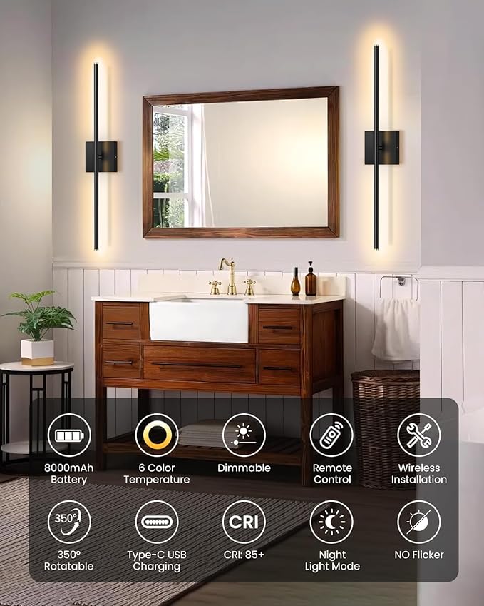 CLY Battery Operated Wall Sconce Set of 2, Dimmable 2700K-6500K Battery Wall Sconce with Remote Control 8000mAh Rechargeable Wall Lights Wireless Sconces for Mirror/Hallway/Living Room/Bedroom 28 Inch