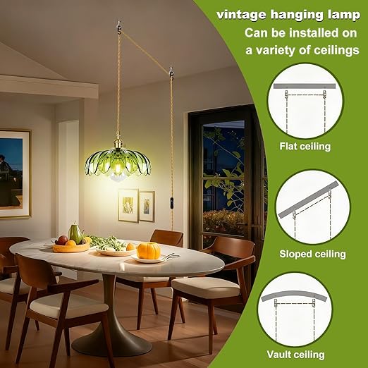 Plug in Pendant Light Fixture, Kylanle Green Glass Hanging Lamp with 14.7FT Cord On/Off Switch, Gold E26 Swag Light, Long Lasting Hanging Lamp Shade for Kitchen Island, Bedroom, Dining, Living Room