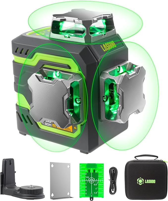 LasGoo LG-3DM Green Beam Laser Level, Self-Leveling 3x360° Cross Line Laser for Construction and Picture Hanging, 5200mAh Built-in Rechargeable Battery, Type-C Cable, Magnetic Rotating Stand Included