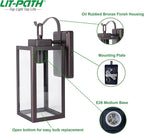 LIT-PaTH Outdoor Wall Lantern, Wall Sconce as Porch Lighting Fixture, E26 Medium Base Max 60W, Anti-Rust Metal with Glass Shade, Oil Rubbed Bronze Finish, 2-Pack