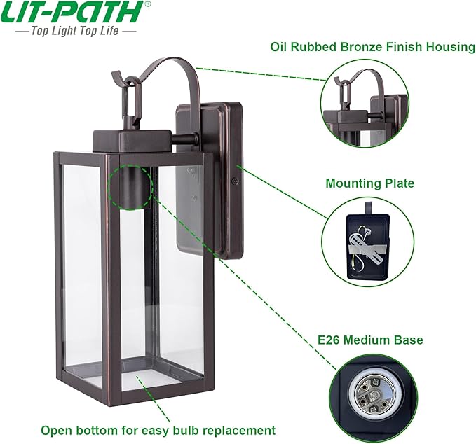 LIT-PaTH Outdoor Wall Lantern, Wall Sconce as Porch Lighting Fixture, E26 Medium Base Max 60W, Anti-Rust Metal with Glass Shade, Oil Rubbed Bronze Finish, 2-Pack