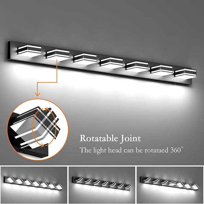 Ralbay 55inch Black Vanity Light 5 Color Temperatures (3000K-6000K) Dimmable Metal Acrylic LED Modern Matte Black Bathroom Wall Lighting for Mirror (7-Light)