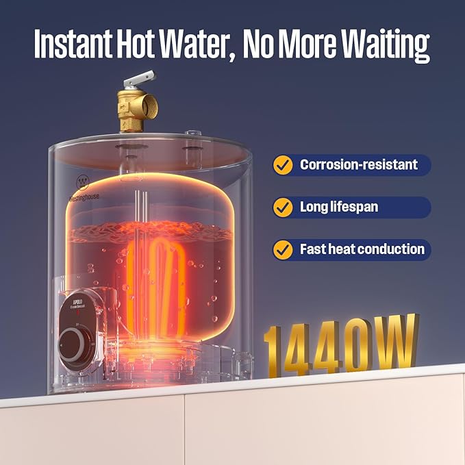 Westinghouse 1.5 Gal Compact Mini-Tank Electric Water Heater - 120V Under Sink Point-of-Use On-Demand Hot Water for Kitchen, Bathroom, Home - CSA Listed