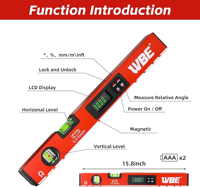 WBE 4-Piece Torpedo-Level Set with Magnetic, Digital-Leveler with LCD Display, 4.7", 16", 20", 40" Aluminum Alloy Spirit Level-Set with Carrying Bag, Bubble Vials Ruler for 45/90/180 Degree.