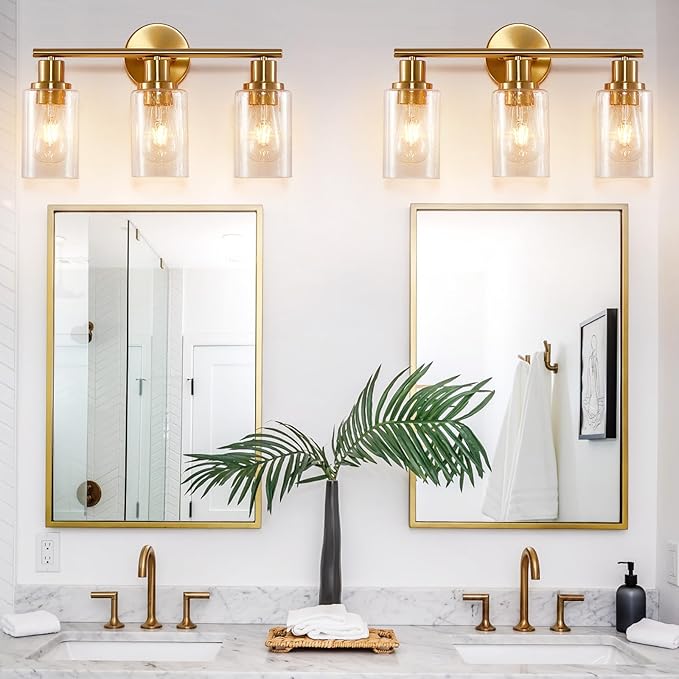 DLLT 3-Light Bathroom Light Fixtures: Gold Modern Vanity Wall Lights with E26 Bulbs - Bubbled Glass Shade Bathroom Wall Lamp for Mirror Kitchen Living Room Hallway Cabinet Porch