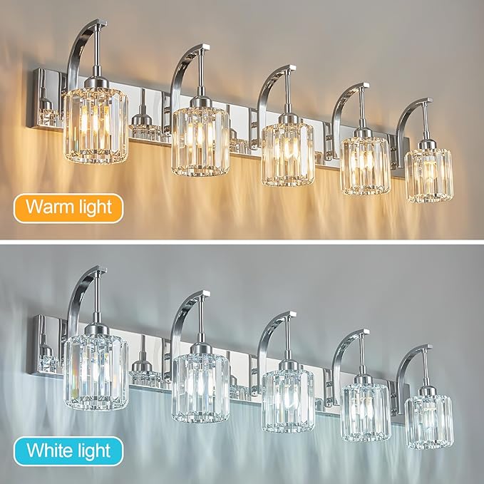 5-Light Crystal Vanity Light, Modern Chrome Bathroom Wall Sconce with K9 Crystal Shades, 42.51" Long Over Mirror Lighting for Vanity, Makeup, Hallway, Elegant & Easy Installation