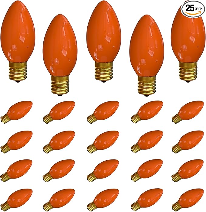 SUNSGNE 25 Pack C9 Orange Outdoor Halloween Night Light Bulbs, C9 Christmas Tree Lights for Indoor Outdoor Patio Strings, E17/C9 Intermediate Base, 7 Watt, Ceramic Orange