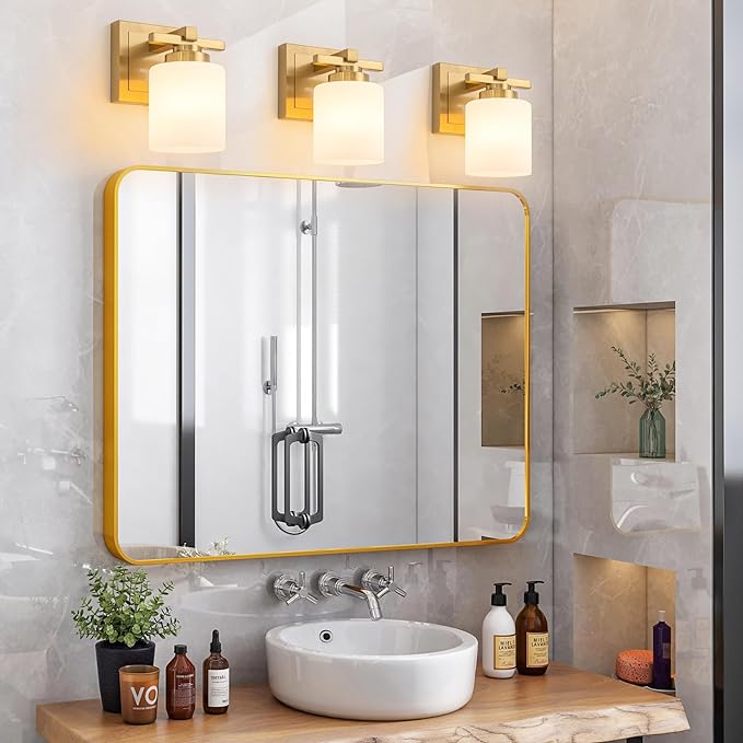 1 Light Modern Bathroom Light Fixtures Over Mirror, Brass Finish Vanity Lights for Bathroom Wall Sconces with Milky White Glass Shades, E26 Socket (Bulbs Not Included)