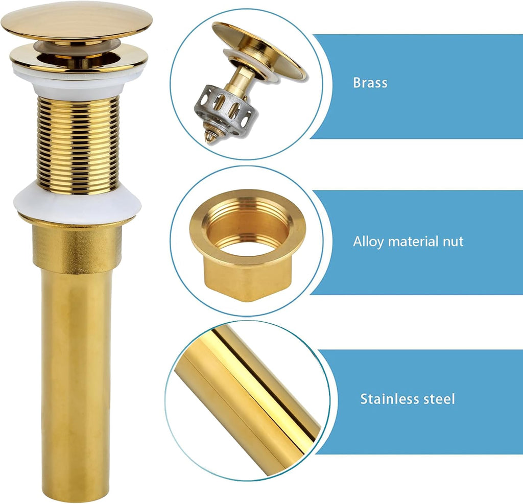 Bathroom Sink Drain, 2 Pack Gold Drain Stopper Bathroom Sink Without Overflow, Pop Up Drain Assembly with Detachable Strainer Basket, Built-in Anti-Clogging Strainer,Stainless Steel