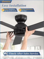 42 Inch Flush Mount Ceiling Fans without Lights, Small Black Ceiling Fan with Remote, 6-Speeds, Quiet Reversible DC Motor, Indoor/Outdoor Ceiling Fan for Patio, Living Room, Bedroom