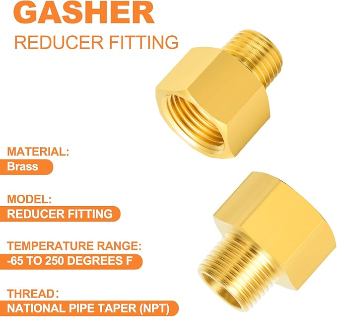 GASHER 10PCS Brass Reducer Pipe Fitting, Reducer Adapter Kit, 1/4 x 1/8, 3/8 x 1/8, 3/8 x 1/4, 1/2 x 1/4, 1/2 x 3/8