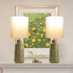 18” Ceramic Table Lamp Green Nightstand Pottery Lamp Single with White Shade Modern Bedside Desk Lamps with Leaf Pattern for Living Room Bedroom Farmhouse Dining Room Enterway