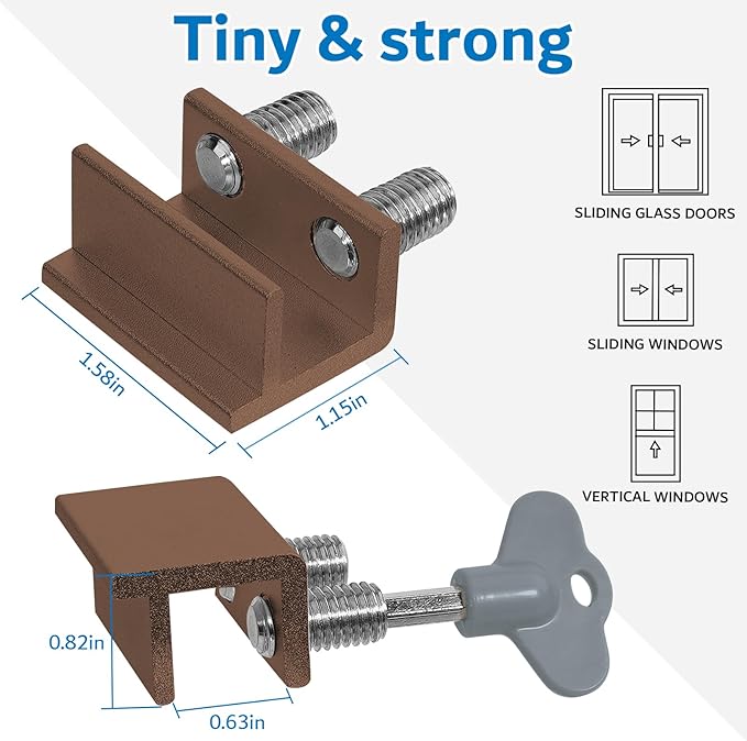 Window Locks for Sliding Windows - Sliding Window Lock Security with Keys - Adjustable Sliding Door Lock - Without Drilling Easv to Install Child Locks for Sliding Door,Patio Door(10 Sets Brown)