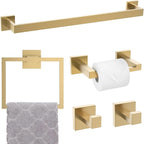 TNOMS 5-Piece Towel Bar Set Brushed Gold Bathroom Hardware Accessories Set Includes Upgraded Double Base Toilet Paper Holder,Modern Square Towel Holder Set Stainless Steel Wall Mount 23.6 Inch