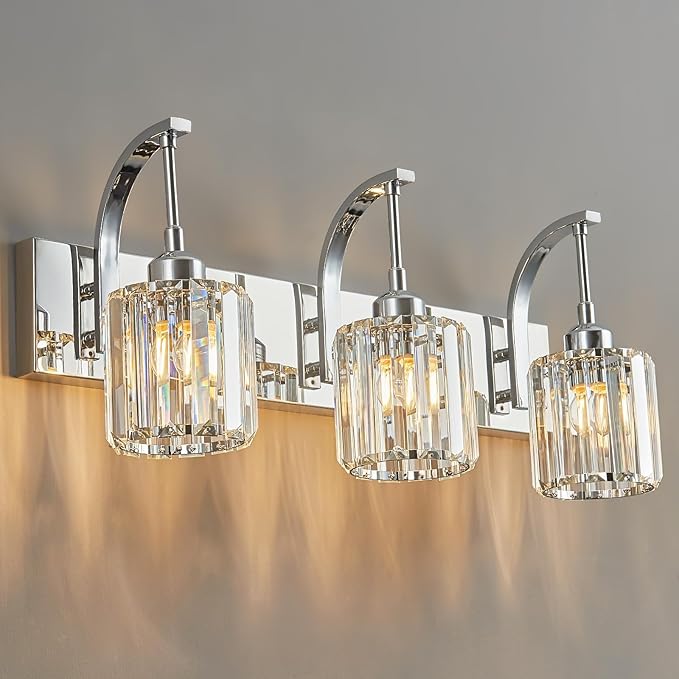 3-Light Crystal Vanity Light, Modern Chrome Bathroom Wall Sconce with K9 Crystal Shades, 23.62" Long Over Mirror Lighting for Vanity, Makeup, Hallway, Elegant & Durable