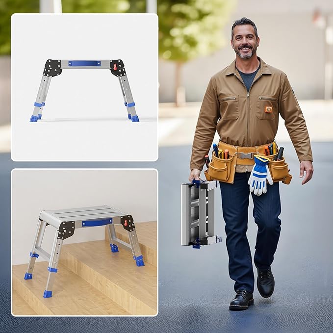 Folding Step Stool for Adults, Aluminum Work Platform Adjustable Height, Lightweight and Durable Portable Outdoor Aluminum Step Stool Foldable, Maximum Load Capacity of 440 Pounds.
