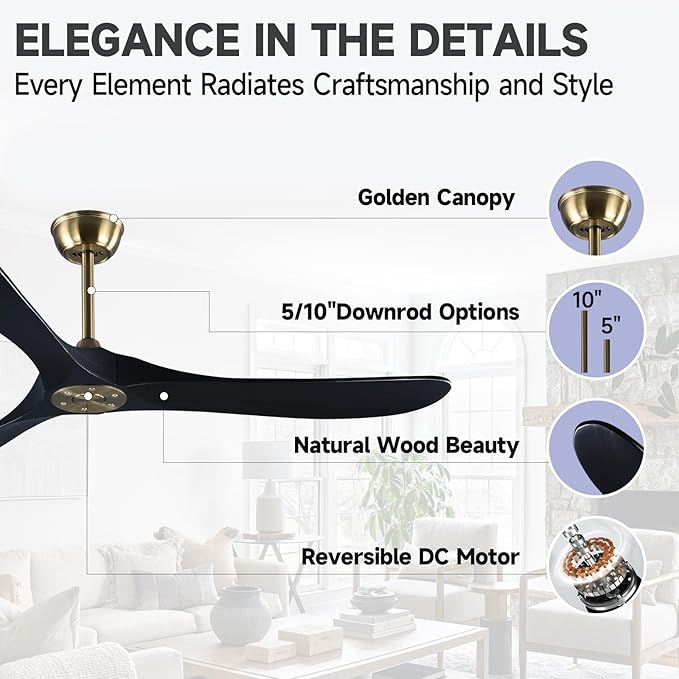 60" Gold and Black Ceiling Fan with Remote Control, Rustic Ceiling Fan without Lights for Indoor/Outdoor - Modern Design, Powerful Airflow, Silent Operation