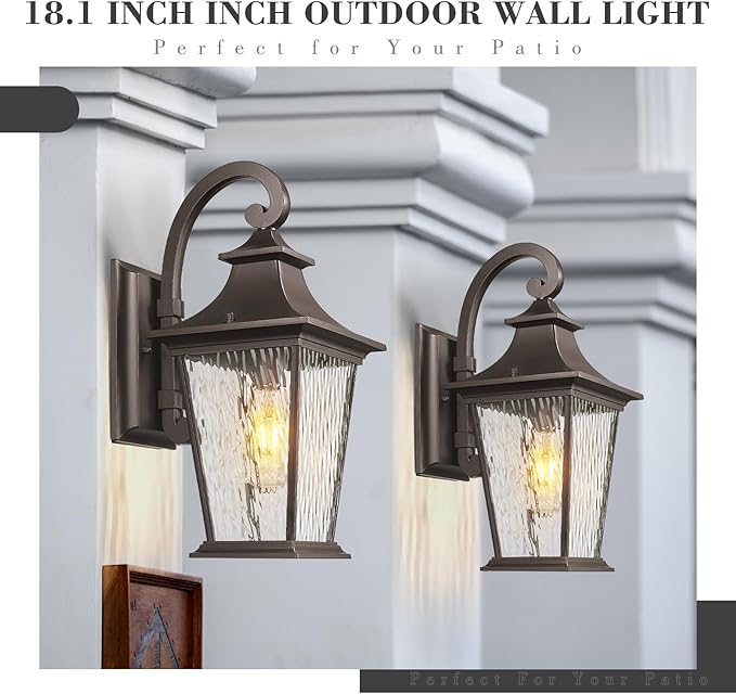 Emliviar 18.1" Outdoor Wall Light in Oil Rubbed Bronze Finish, Outside Wall Mount Light for Front Door, Water Ripple Glass with Die-cast Aluminum, 500181 ORB