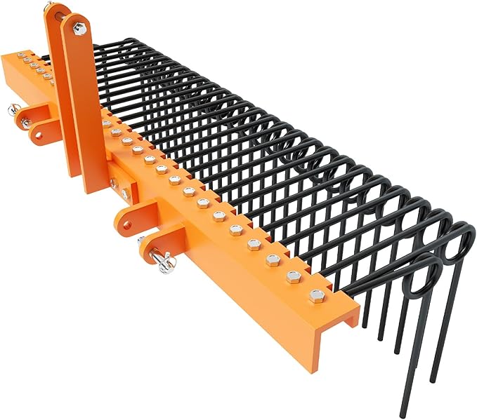 60 Inch 3 Point Tractor Rake, Pine Straw Needle Rake, Durable Powder Coated Steel Spring Landscape Rakes Fit for Cat0, Cat1, Orange