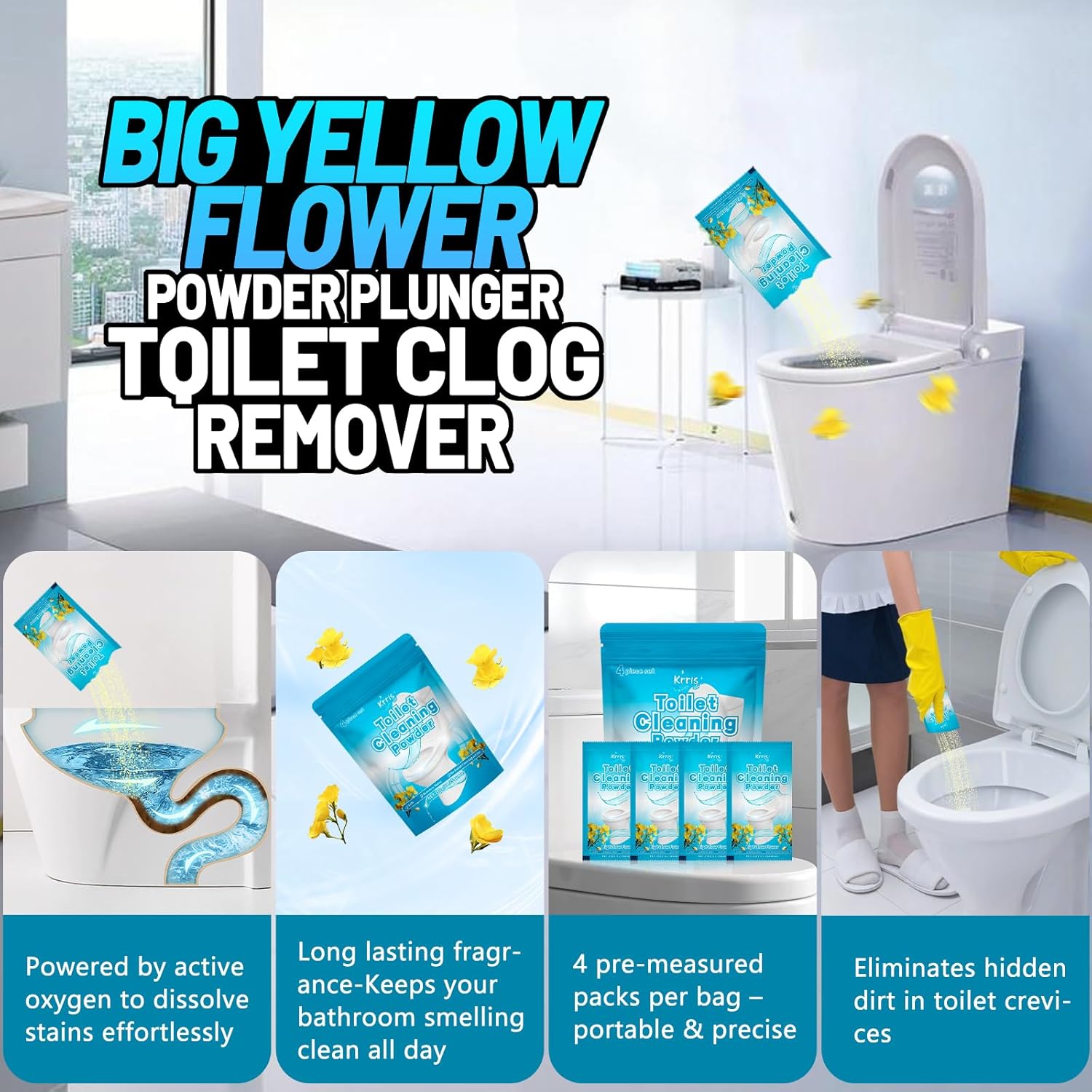 Toilet Bowl Cleaner Powder - Self-Activating Toilet Cleaner for Stubborn Stains & Limescale, Deep Cleaning Foam with Daylily Fragrance, Safe Toilet Cleaning Supplies (4 Packs × 3 oz)