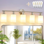 DLLT 5-Light Bathroom Light Fixtures: Nickel Modern Vanity Lights with E26 Bulbs - Milky White Glass Shade Bathroom Wall Lamp for Mirror Kitchen Living Room Hallway Cabinet Porch