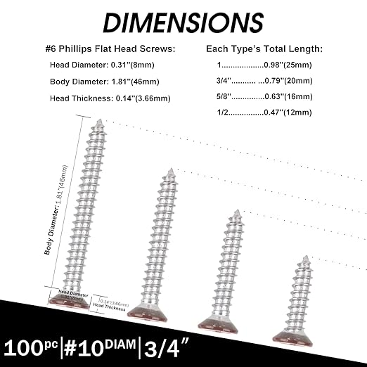 Brown Head 100 PCS #6X1-1/2(1.5 inch) Stainless Steel Phillips Flat Head Wood Screws,Stainless Steel 18-8 A2(304) Screw,Home Screw Kit by QISHENG